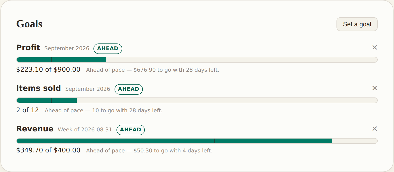Three goals with progress bars: monthly profit, monthly items sold, and weekly revenue, each marked ahead of pace.